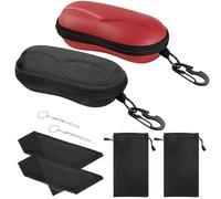 MoKo Étui à Lunettes Semi-Rigide, 2 PCS Boîte à Lunettes de Soleil en EVA avec Crochet en Métal, Étui de Protection pour Lunettes à Fermeture Éclair avec Chiffon pour Homme Femme - Noir & Rouge