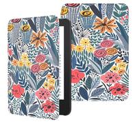 MoKo Étui Compatible avec 6" Kindle(11e Génération Version 2024/2022) & Version Internationale, Coque Légère avec Réveil/Sommeil Automatique pour Liseuse Kindle 2024, Fleuron à Feuilles Bleues