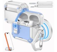 MoKo Étui pour AirPods Pro 3 avec Verrouillage 2025 - Compatible avec MagSafe, Support de Téléphone & Pop-up Auto pour Étui AirPod Pro 3, Coque de Protection avec Kit de Nettoyage, Bleu Clair +Blanc