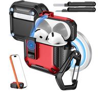 MoKo Étui pour AirPods Pro 4 avec Verrouillage 2024 -Compatible avec MagSafe, Support de Téléphone & Pop-up Auto pour Étui AirPods 4e Gén, Coque de Protection avec Kit de Nettoyage, Rouge + Noir