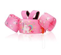 MoKo Gilet de Natation Ajustable pour Enfants de 20 à 50 lbs, Brassard de Natation à Double Usage, Flotteurs de Piscine avec Sifflet d'urgence et Boucle en D, Licorne Rose & Colorée