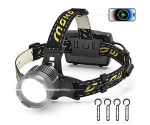 MoKo Lampe Frontale Rechargeable, Super Lumineux 50000 Lumen 30W Perles de Lumière Blanche IP68 Étanche Capteur Phare 90° Tête Réglable Lampe de Poche pour Camping Pêche Course Chasse, Noir