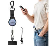 MoKo Lanière Rétractable Antivol pour Téléphone, Dragonne Extensible avec Mousqueton Métallique Verrouillable & Onglet Rotatif 360°, Porte-Clés Sécurisé pour Randonnée, Escalade, Pêche, Noir&Argent