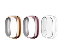 MoKo Lot de 3 Coque de Protection Compatible avec Fitbit Versa 3/Fitbit Sense, Étui de Montre Intelligente en TPU Flexible Protection de Couverture Complète avec Pare-Chocs - Rose & Or & Clair