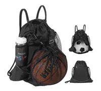 MoKo Sac à Dos de Basket-Ball à Cordon de Serrage, Sac de Sport de Gymnastique, Sac à Dos de Football avec Deux Porte-Bouteilles d'eau, Sac à balles Pliable en Filet, Sac de Basket-Ball, Noir