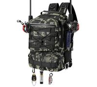 MoKo Sac à Dos de pêche avec Support pour Canne à pêche et équipement, Sac de Rangement des Accessoires en Nylon imperméable pour Le Camping, la randonnée, la Chasse, Camouflage Vert