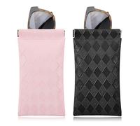 MoKo Sac à Lunettes de Soleil Mince, 2PCS Étui à Lunettes de Poche Portable en Cuir PU, Housse Pochette de Rangement Lunette Souple avec Fermeture à Ressorts en Métal pour Hommes Femmes - Noir & Rose