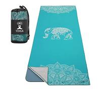 MoKo Serviette de Yoga, Tapis de Yoga Antidérapant et à Séchage Rapide avec Coins de Fixation, Couverture de Yoga Souple avec Motif d'impression pour Différents Exercices de Yoga, Bleu Lac & Eléphant