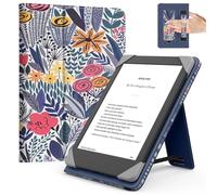MoKo Universel Étui pour 6 Pouces Kindle Liseuses et Tablettes, Kindle/Kobo Clara/Tolino/Pocketook/Sony E-Book Tablet,Étui Folio Léger avec Dragonne et Béquille pour 6 Pouces,Fleuron à Feuilles Bleues