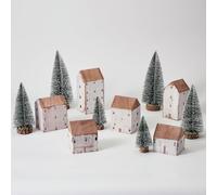 Mokof Lot de 12 villages de Noël - 6 maisons en bois et 6 arbres enneigés, décorations de Noël d'intérieur pour table, cheminée, étagères, décoration de vacances (7,1 cm à 14 cm de haut)