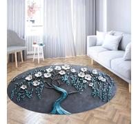 MOKOSAISE Abstrait Arbres Fleurs antidérapant Lavable Rond Tapis Bleu Blanc botanique à Poils Ras pour Vivre Cuisine Chambre Chambre pépinière 213cm(Rond)