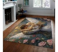 MOKOSAISE Couple Romantique Embrasse Un Tapis Fleuri 160x230cm Roses Roses Fleurs Ailes Moquette à Poil Bas pour Chambre Salon décoration de Fantaisie