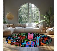 MOKOSAISE Dessin animé Lignes d’Animaux Tapis de Cercle Pliable pour Vivre Maison sous la Table Décor de Couloir Graffiti coloré Tapis Ronds antidérapants 91cm(Rond)