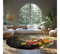 MOKOSAISE Fleurs colorées Lavable Tapis Rond pour Vivre Maison Chambre Café Cuisine Décor Élégant Nature Morte Jeté à Poils Ras Cercle Tapis 90cm（Rond）