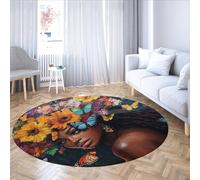 MOKOSAISE Floral antidérapant Rond Tapis pour Chambre à Coucher sous la Table à Manger Bureau à Domicile décor Fantaisie botanique et Noir Femme Tapis Ronds 152cm(Rond)