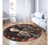 MOKOSAISE Romantique crâne Cercle Tapis Rouge et Rose Roses Fleurs Lavable foncé Vintage Rond Tapis pour Vivre entrée Salle à Manger Décoration intérieure 152cm(Rond)