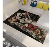 MOKOSAISE Tapis d’Espace 100x150cm Motif Squelette de Mariage Fleuri Vintage Gothique Squelette de Baiser de Mariage Tapis de Saint-Valentin à Poil Bas pour Salon Chambre Salle à Manger