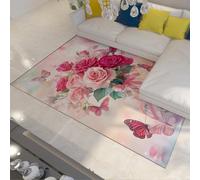 MOKOSAISE Tapis de Zone à Poil Bas Lavable 120x160cm Bouquet Rose Rose élégant en Rose Rouge Vase en Verre Papillon Ruban Fleurs Tapis pour Chambre Romantique Salle à Manger