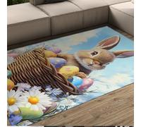 MOKOSAISE Tapis Lavable pour Panier de Lapins de Pâques Printemps 120x160cm Œufs colorés de Lapin Tapis à Poil Bas pour Salle à Manger Chambre décoration de Maison de Vacances