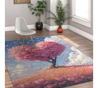 MOKOSAISE Tapis pour Le Salon 140x200cm Romance Fleurs cœurs de pétales Arbre en Fleurs Blue Sky Tapis Lavable pour Chambre Salle à Manger Saint-Valentin