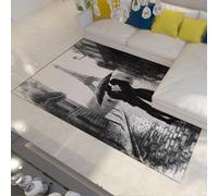 MOKOSAISE Tapis Romantique pour Un Couple Parisien à Poil Bas 240x340cm Silhouette Eiffel Kiss sur Rainy Street Tapis Moderne Noir Blanc pour Salon et Chambre
