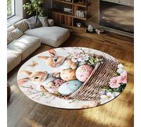 MOKOSAISE Tapis Rond de Cuisine de Pâques 150cm（Rond） Bunny Panier à œufs coloré Moquette à Poils Bas pour entrée dans Le Couloir Décoration Printemps