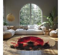 MOKOSAISE Tapis Rond de Style Japonais 135cm（Rond） Silhouette Noire Soleil Rouge Moquette Circulaire Lavable Orientale pour Salon Chambre décoration de Bureau en Grotte d’Homme