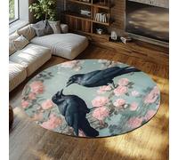 MOKOSAISE Tapis Rond Lavable 120cm（Rond） Vintage Gothique français élégance Corbeaux Roses Roses Oiseaux Noirs Moquette à Poil Bas pour Salon Chambre Salle à Manger