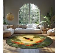 MOKOSAISE Tapis Rond Lavable 240cm（Rond） Feuilles de Lotus de Poisson Koi Japonais Feng Shui Modèle d’étang à Poissons porteus Tapis à Poils Bas lavables pour Salon et Chambre