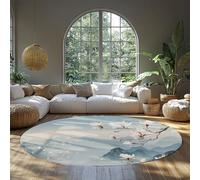 MOKOSAISE Tapis Rond Oriental 120cm（Rond） Magnolia Blanc Fleurs d’Oiseaux et Montagnes brumeuses Tapis Traditionnel Chinois pour Le Salon Hall d’entrée