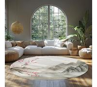 MOKOSAISE Tapis Rond paysager Chinois 90cm（Rond） Fleurs Roses Montagnes brumeuses voilier sur Le lac Moquette Circulaire Lavable à Poil Bas pour la décoration du Salon et de la Chambre