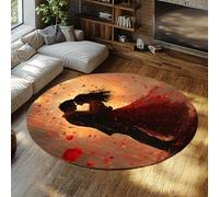 MOKOSAISE Tapis Rond pour Un Couple Romantique Dansant 150cm（Rond） Fleur de Rose Rouge pour la Saint-Valentin pétales à Poil Bas et Moquette Lavable pour la Chambre et Le Salon