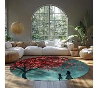 MOKOSAISE Tapis Rond Romantique Arbre des cœurs d’Amour Lavable 100cm（Rond） Silhouette Fantastique de rêve Moquette à Poil Bas pour la décoration du Salon et de la Chambre