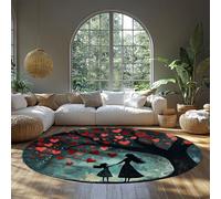 MOKOSAISE Tapis Rond Tree of Love Lavable 200cm（Rond） Red Hearts Silhouette Romantique mère et Fille Moquette à Poil Bas pour Chambre Salon