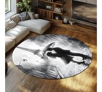 MOKOSAISE Tapis Ronde Romantique pour Un Couple Parisien à Poil Bas 160cm（Rond） Silhouette Eiffel Kiss sur Rainy Street Tapis Moderne Noir Blanc pour Salon et Chambre