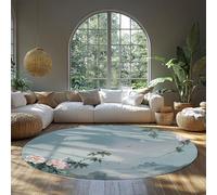 MOKOSAISE Tapis Traditionnel Chinois à pivoines Rondes 120cm（Rond） Fleurs Roses Papillons Montagnes brumeuses Tapis Lavable à Poil Bas pour Salon Chambre