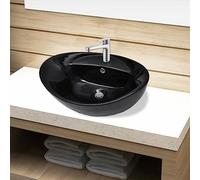 Mokuyard Lavabo en céramique avec trou pour robinet/vidage noir ovale sur plan de travail Lavabo pour sanitaire, salle de bain ou toilettes, moderne pile commune