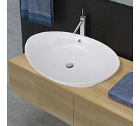 Mokuyard Lavabo ovale et trou trop-plein céramique 59 x 38,5 cm sur plan de travail Lavabo Lavabo pour sanitaire, salle de bain ou toilettes, moderne pile commune