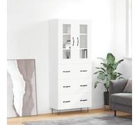 Mokuyary Buffet haut en bois - Blanc - 69,5 x 34 x 180 cm - Avec 3 tiroirs - Armoire de rangement pour salon, couloir, cuisine - H