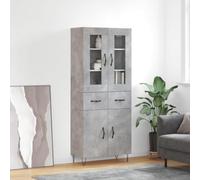 Mokuyary Buffet haut en bois - Gris béton - 69,5 x 34 x 180 cm - Avec 2 portes et 2 tiroirs - Armoire de rangement pour salon, couloir, cuisine - H