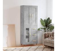 Mokuyary Buffet haut en matériau dérivé du bois - Gris béton - 69,5 x 34 x 180 cm - Avec porte en verre - 3 tiroirs - Armoire de rangement pour salon, couloir, cuisine - H