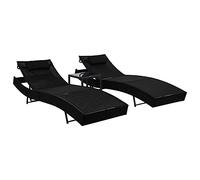 Mokuyary Lot de 2 chaises longues avec table, en polyrotin et textilène, noires, pour jardin et piscine, longue durée de vie