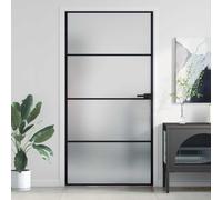 Mokuyary Porte intérieure mince noire en verre et aluminium 102,5 x 201,5 cm Porte coulissante en verre pour salle de bain, salon, cuisine, noir et mat, 3 barres horizontales