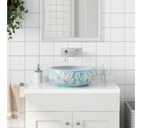 Mokuyary Vasque à poser blanc et bleu rond Φ41x14 cm céramique Lavabo, Vasque à Poser au-dessus du Comptoir pour Salle de Bains, WC d'invités, Hôtel, Toilettes -C
