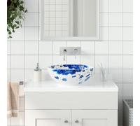 Mokuyary Vasque à poser blanc et bleu rond Φ41x14 cm céramique Lavabo, Vasque à Poser au-dessus du Comptoir pour Salle de Bains, WC d'invités, Hôtel, Toilettes