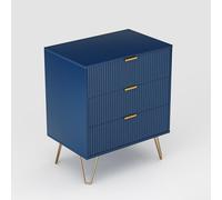 Mokylor 3 commodes, Coffre à tiroirs cannelés en bois Bleu Mid Century Tiroirs Commodes Meuble de rangement Table de nuit avec pieds en métal Table de chevet Table d'appoint pour salon Chambre à couch