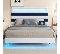Mokylor Lit capitonné 140x190 cm avecLED et USB, lit Double avec Espace de Rangement et sommier à Lattes, Cadre de Lit avec Hydraulique, Convient Adultes, Velours (Blanc cassé + Bleu, 140x190cm)