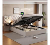 Mokylor Lit Coffre 160x200 cm avec Sommier à Lattes, Lit Double Capitonné avec Grand Dossier et 2 Niches de Rangement, Cadre De Lits avec Lampe et USB,Velours (Beige, 160x200cm)