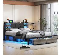 Mokylor Lit double capitonné, 160 x 200 cm, en bois de fer, tête de lit rembourrée, avec compartiments de rangement, double tiroirs au bout du lit, avec prise USB et espace de rangement LED, noir (160