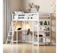 Mokylor Lit mezzanine, avec bureau et étagère de rangement, 90 x 200 cm, cadre de lit pour enfant, avec sommier à lattes et protection anti-chute, lit loft, lit d'enfant, avec échelle, lit simple